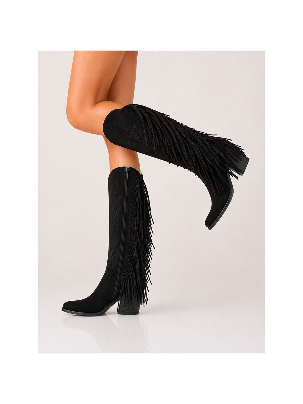 NIB Dusty Roads Black Faux Suede Back Fringe Western Cowgirl Boots
